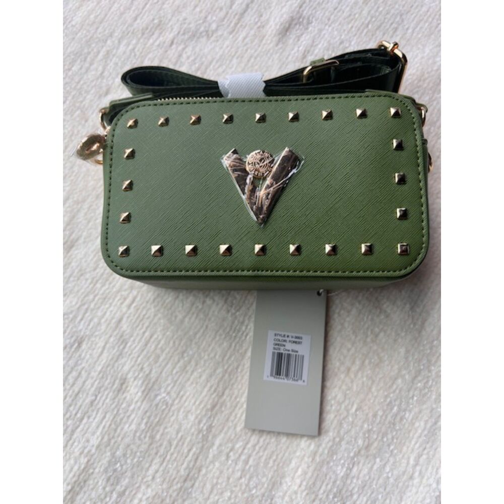 Valentino Orlandi Green Gold Studded Double Zip Crossbody Shoulder Bag NWT